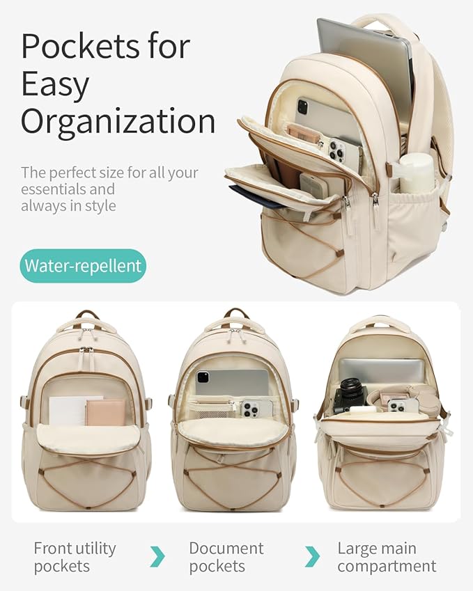 Teen Girls Backpack School Bag, 15.6in Laptop Backpack for Women Work Commuter, Aesthetic College Bookbag for Students, Beige