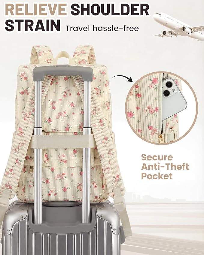 Corduroy Laptop Backpack for Women, Fits 15.6 Inch Computer Bag, College High School Bookbag Travel Daypack Purse, Work Business Bags - Beige Corduroy Floral Pink