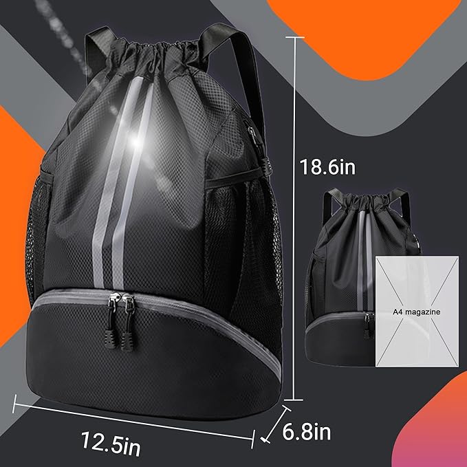 Drawstring Backpack,Waterproof Sports Gym Bag，Unisex Large Drawstring Bags with Wet and dry separation bag,football boot bag for Gym Sport Yoga School, Black, One Size