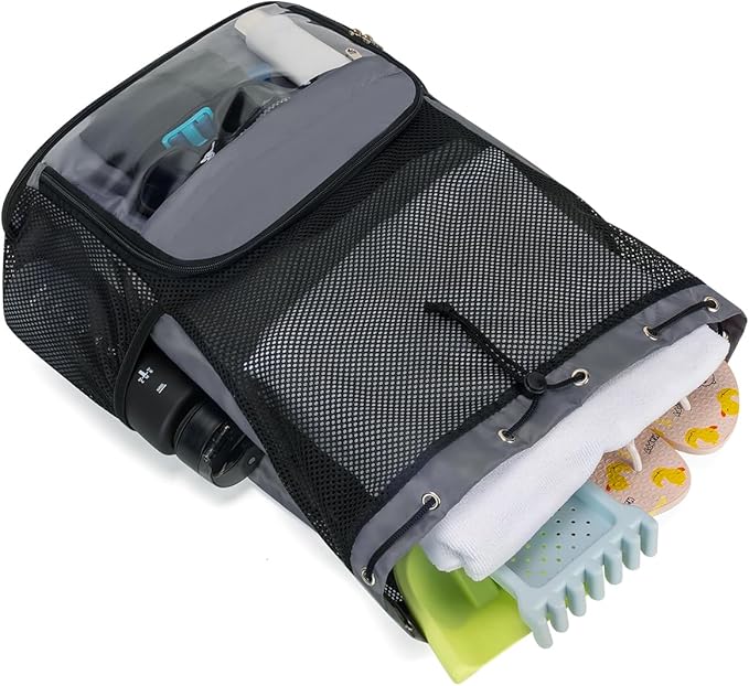 Drawstring Backpack Sandproof Beach Backpack with Shoe Compartment & Wet Pocket Waterproof Mesh Swim Bag Pool Bag for Gym, Travel and Workout Gear (Grey)