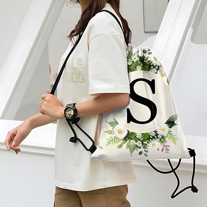Initial Letter Drawstring Backpack String Sports Gym Bags Waterproof Sackpack Cute for Men Women Beach (13"×17") (Letter-S)