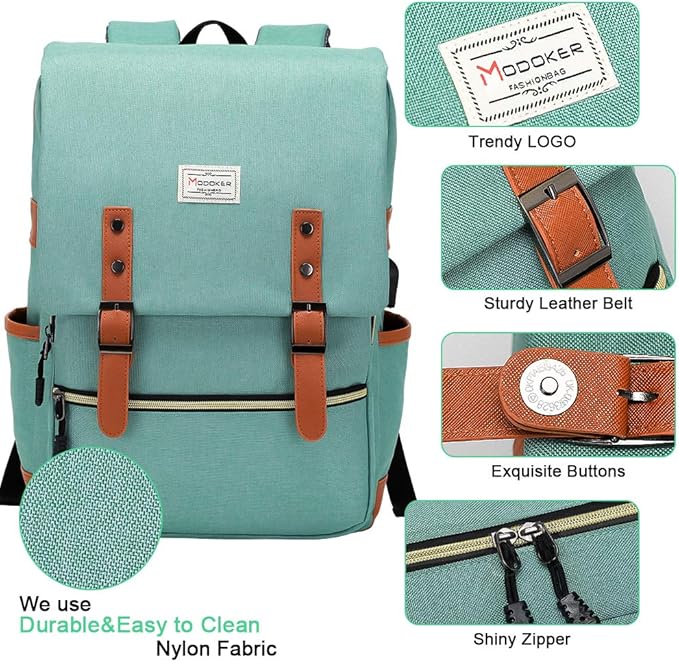 Modoker Eco-Friendly Vintage Laptop Backpack for Women Men,Travel Backpacks with USB Charging Port Fashion Backpacks for Working Women Fits 15.6Inch Notebook, Green
