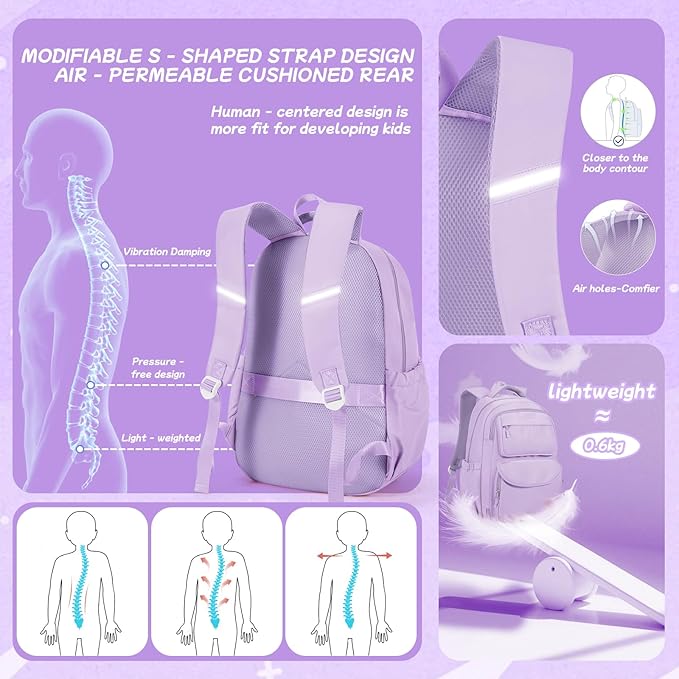 Cute Backpack For School Teens Girls, Aesthetic Kids Elementary School Backpacks, Waterproof Middle Students Bookbag, Large Capacity Backpack For College Women Men (Purple)