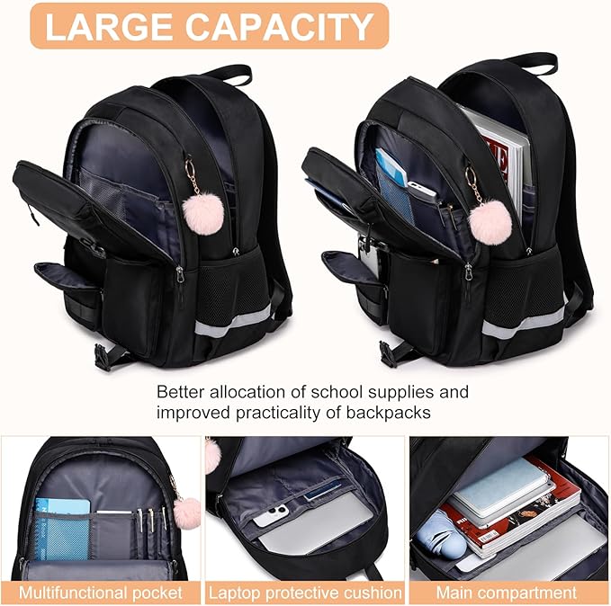 School Backpack for Teen Girls & College Women - Anti-Theft & Water Resistant 17.3 Inch Laptop Mochilas Bookbag - Large Ergonomic Straps Backpack, Classic Black
