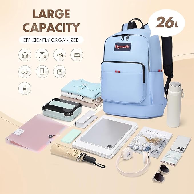 Classic Casual Backpack, Lightweight Daypack with 10 Pockets, Laptop Compartment, EVA Foam Pad (Light blue)