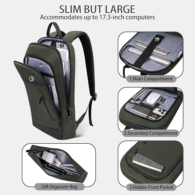 Business Backpack for Men Lightweight Commute Laptop Backpack Anti-Theft Water Resistant Backpack for 17.3 Inch Computer for Daily Office Work with Small Bag (Green, 17.3")