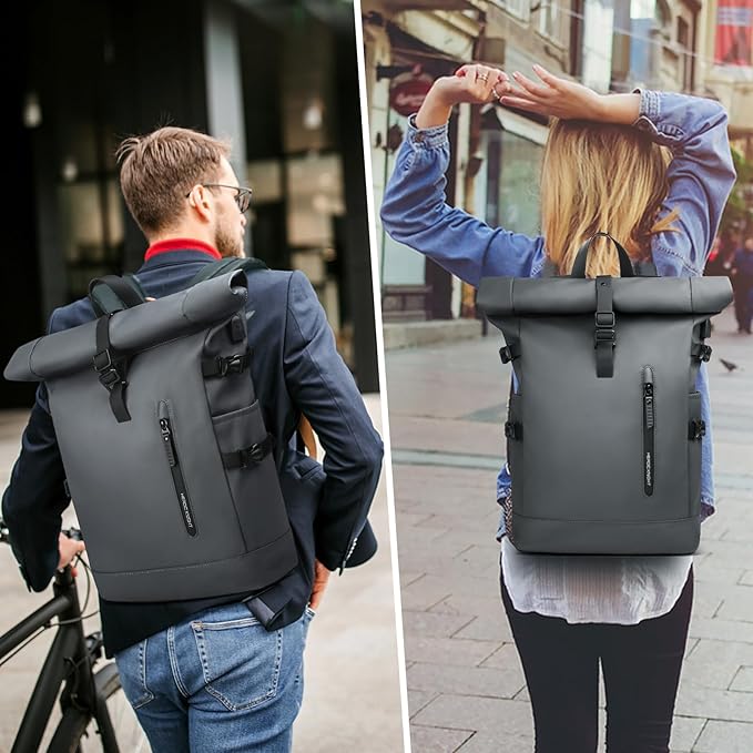 Rolltop Backpack for Men, Waterproof Travel Backpack with USB Charging Port, Large Capacity Adjustable18-27L Laptop Backpack for 15.6 Inch, Expandable Casual Daypack for Work Business College-Grey