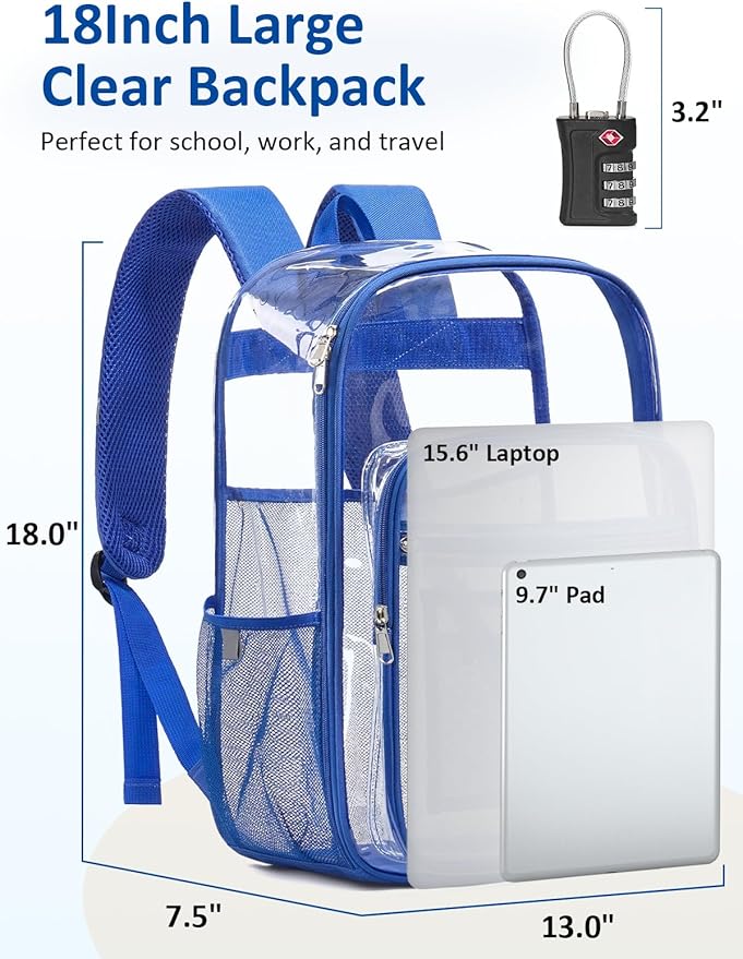 Extra Large Clear Backpack with TSA Lock, Heavy Duty Transparent See Through Clear Bookbag for College, Work, Travel, Casual Sport, Blue