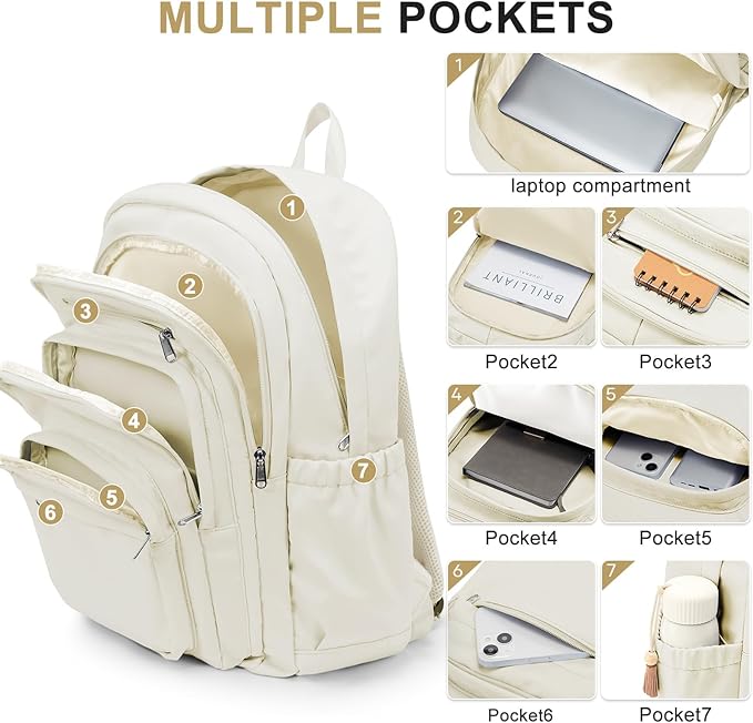 College Backpack For Women Men,Lightweight High School Bag,School Backpack With Lots Of Pockets,Cute Bookbag For Teens Boys Girls,Casual Daypack Backpack For School(Beige)