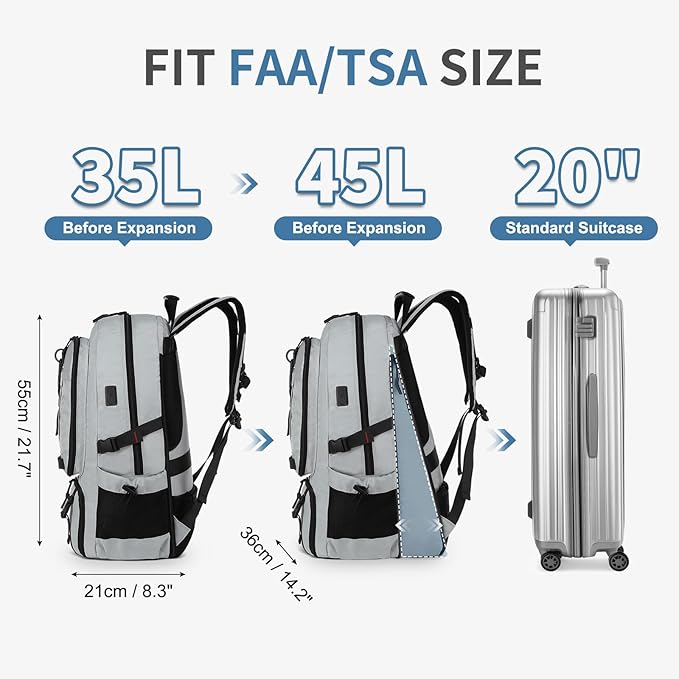 Travel Backpack for Men, 45L Expandable TSA Approved Laptop Backpack Fits 18.4 Inch, Water-Repellent W/Shoe Compartment & Wet Pocket Anti-theft Pocket, Light Grey