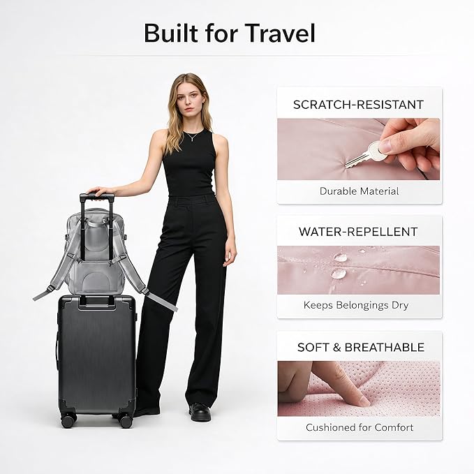 Travel Backpack, Expandable Large Capacity Business Work, Water Repellent Carry On Daypack with USB Charging Port, Fit 17 Inch Laptop, Bag for Men and Women, Pink
