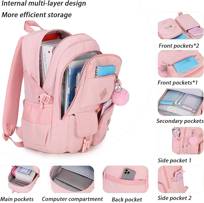 Girls Laptop Backpack Corduroy Bookbag For Teen Big Studen School Bag Durable Travel Daypack (3pink)
