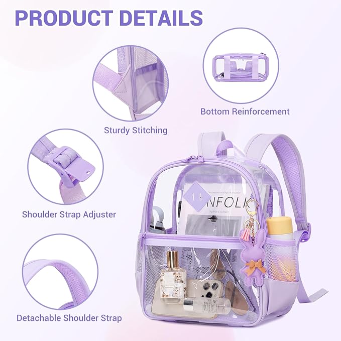 Clear Backpack for Stadium Events Approved 12×6×12, Thick TPU Mini Clear Bag with Front Pocket for Concert Sport Events Work Travel, Purple