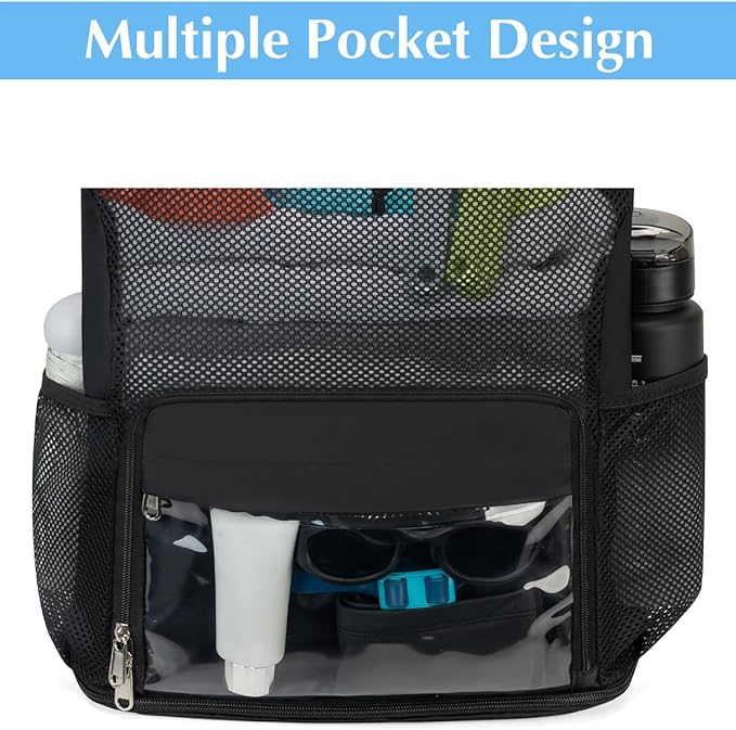 Drawstring Backpack Sandproof Beach Backpack with Shoe Compartment & Wet Pocket Waterproof Mesh Swim Bag Pool Bag for Gym, Travel and Workout Gear (Black)