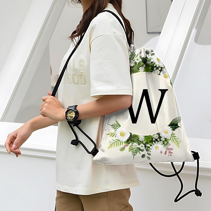 Initial Letter Drawstring Backpack String Sports Gym Bags Waterproof Sackpack Cute for Men Women Beach (13"×17") (Letter-W)