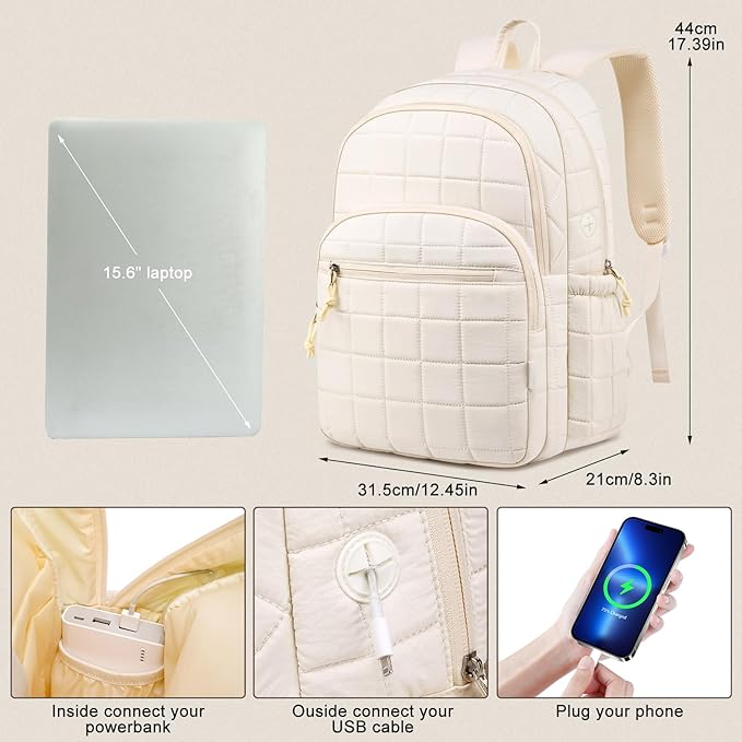 Laptop Backpack for Women College Travel,Quilted Daypack Bookbag for School Teen Girls Mochilas Mujer,Beige