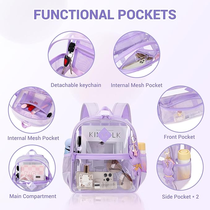Clear Backpack for Stadium Events Approved 12×6×12, Thick TPU Mini Clear Bag with Front Pocket for Concert Sport Events Work Travel, Purple