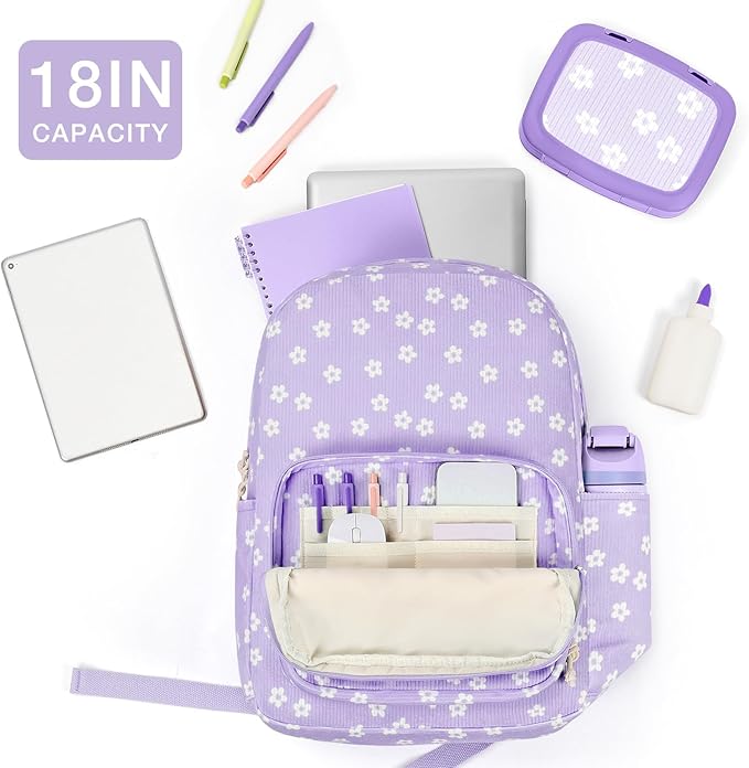 mibasies School Backpack for Girls with Laptop Sleeve: 18IN Large Capacity Corduroy Bookbag for Primary Middle School/College, Travel Daypack for Teens Women - Purple Flower