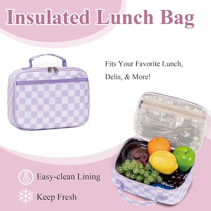 LEDAOU Kids School Backpack with Lunch Box for Girls Kindergarten Elementray BookBag School Bag Preschool Toddler Backpack (Purple Checkered)