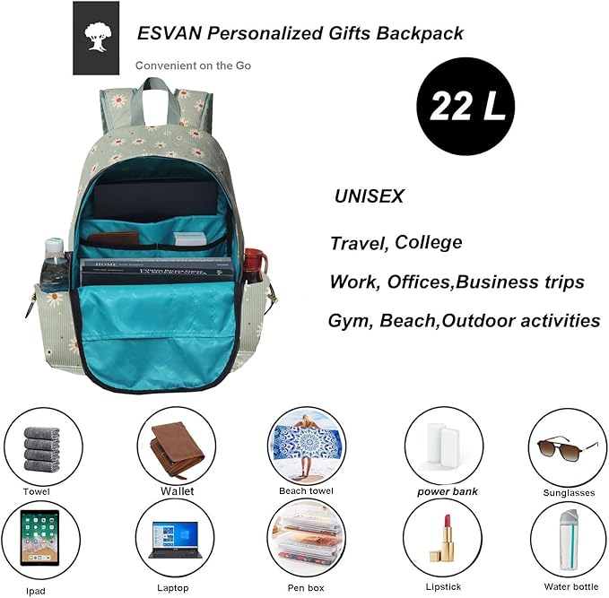 ESVAN Corduroy Backpack Lightweight Fashion 17 inch Laptop Bag for Women Casual College (Corduroy matcha daisy)