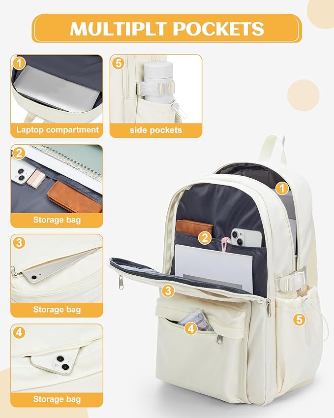 School Backpack for Teen Girls Lightweight College Backpack Women Travel Backpacks Waterproof High School Bookbag for Men Classic Casual Daypacks(Beige)