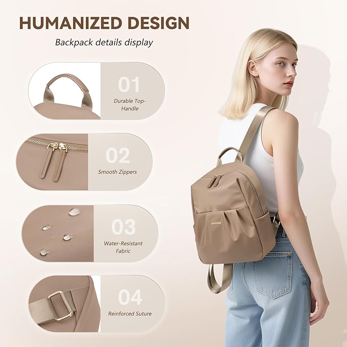 Small Backpack for Women, Cute Backpack Casual Work Daypack Purse for College Travel, fit 9.7 Inch,Champagne Brown