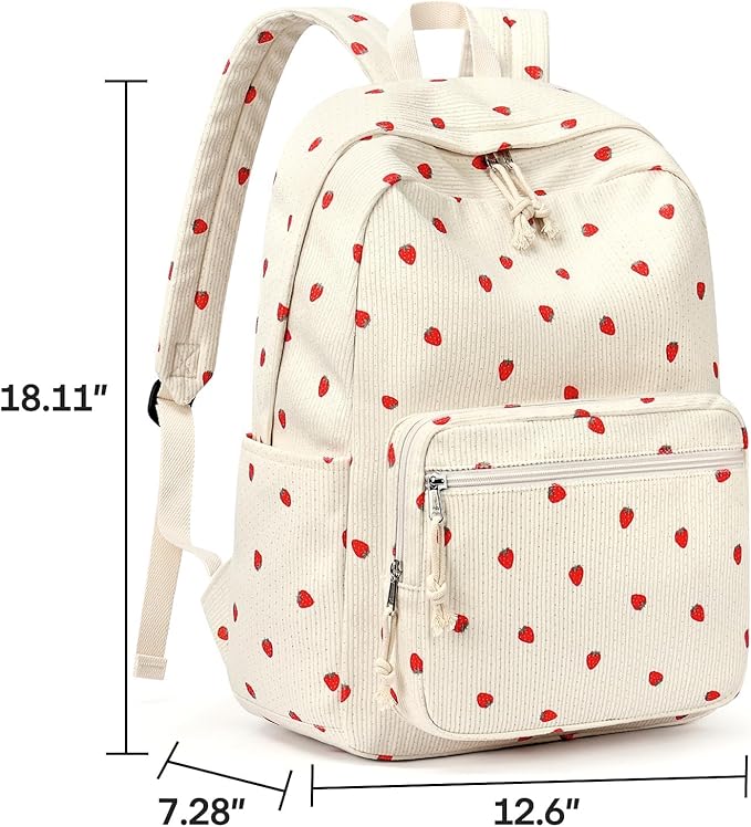 mibasies School Backpack for Girls with Laptop Sleeve: 18IN Large Capacity Corduroy Bookbag for Primary Middle School/College, Travel Daypack for Teens Women - Beige Strawberry