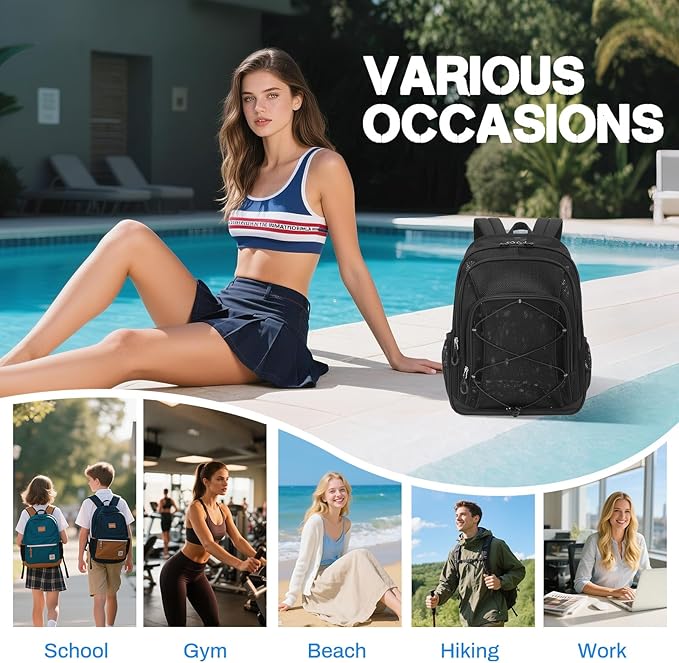 Mesh Backpack, Heavy Duty Mesh Bookbag for Girls Boys Kids, See Through Clear Backpacks, Net Backpack Transparent Breathable for School Beach Swim Travel Outdoor, Black