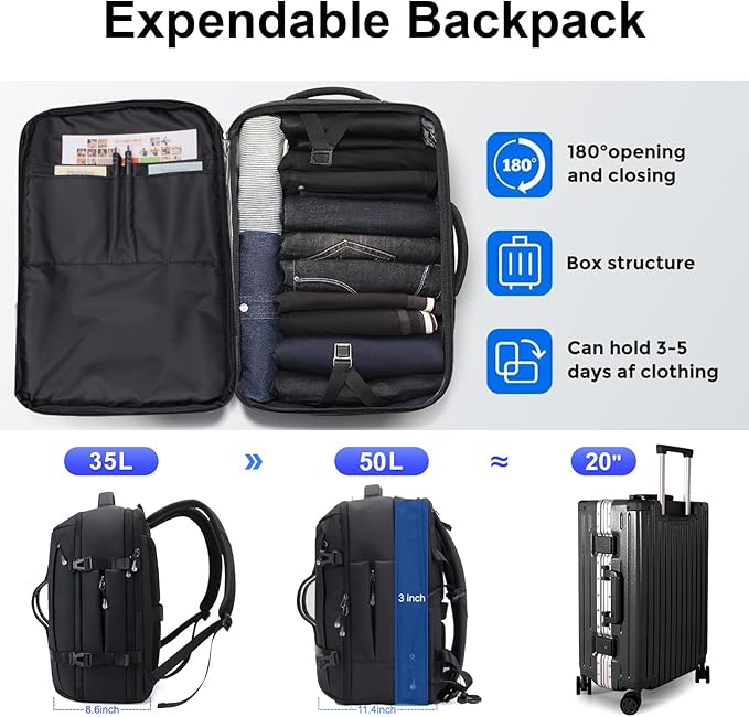 50L Carry on Travel Backpack for Men Women Airline Approved Convertible Duffle Backpack Luggage Bag,TSA Overnight Bags,fits 17" Laptop Smart Backpack-Grey