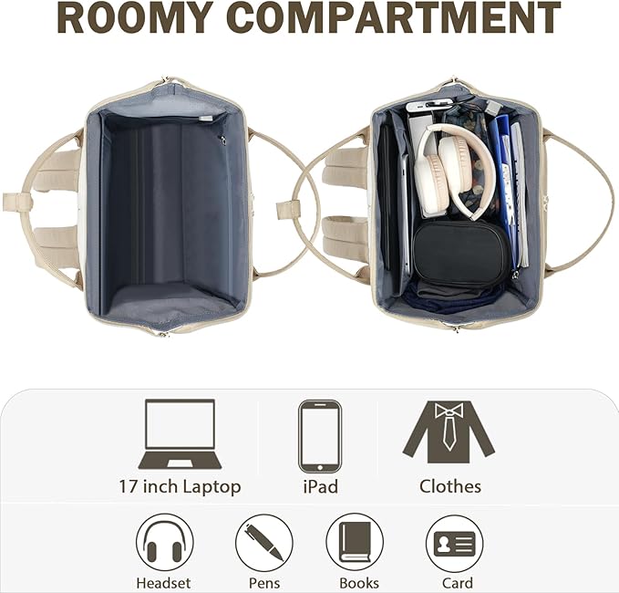 KROSER Laptop Backpack 17" Stylish Backpack Water Repellent College Casual Daypack with USB Port Travel Business Work Bag for Men/Women-Beige/khaki