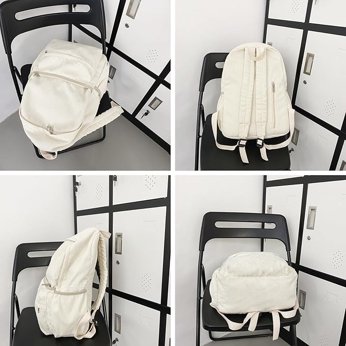 Aesthetic Backpack Cute Backpack Corduroy Backpack School Supplies Laptop Bag for Teens Girls Women Students Solid Color(White)