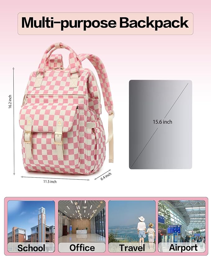 Laptop Backpacks for Women, Corduroy High School College Bookbag 15.6 Inch Laptop Bags for Girls Travel Daypack - Checkered Pink