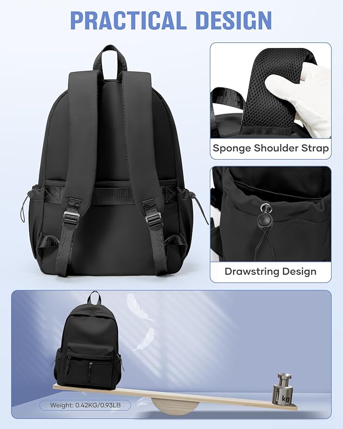 Black School Backpack for Girls Boys Bookbag Cute Aesthetic College Backpack Women Middle High School Teen Students Book Bag Lightweight Gym Work Laptop Casual Daypack Backpacks Men