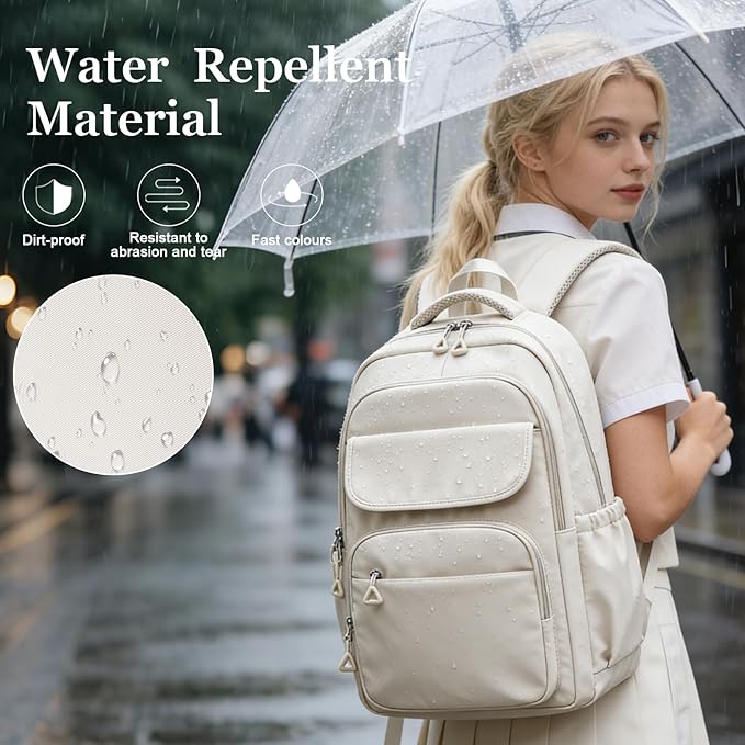 Cute School Backpack for Teens Girls Boys Waterproof School Bag Basic Backpack for College Students Multi Pocket Backpack Lightweight Casual Daypack Backpacks for Women Men（Beige）