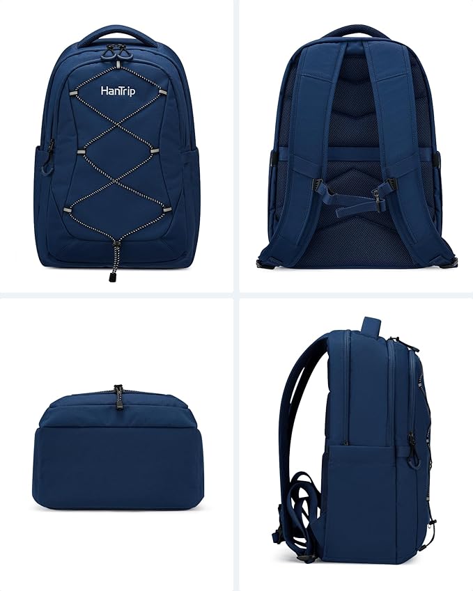 Travel Laptop Backpacks for Women Men, Large Work Backpack for Commuter College School Book Bags, Reflective Water Resistant Backpack with Luggage Strap Bottle Pocket Chest Strap, Navy Blue