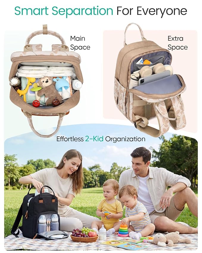 Extra Large Diaper Bag Backpack for Two Kids Twins - Expandable Baby Bag (26-36L), Dual Big Compartments - Includes Changing Pad & Stroller Straps, Unisex Leaf