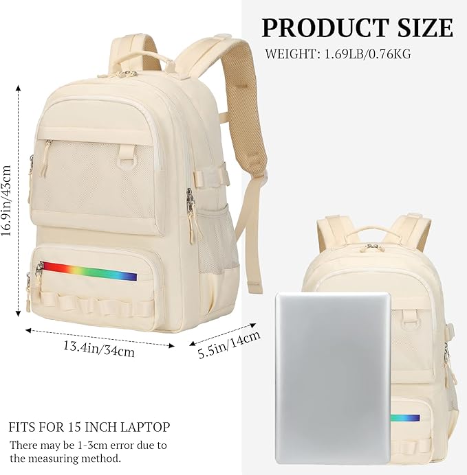Lanola Backpack for Men Women Classic Water-resistant Lightweight Travel School Backpack Casual Daypack Laptop Backpack Fit 15.6 Inch - Beige