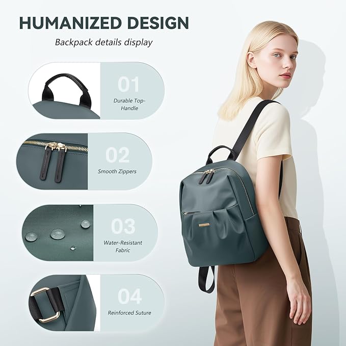 Small Backpack for Women, Cute Backpack Casual Work Daypack Purse for College Travel, fit 9.7 Inch, Dark Green