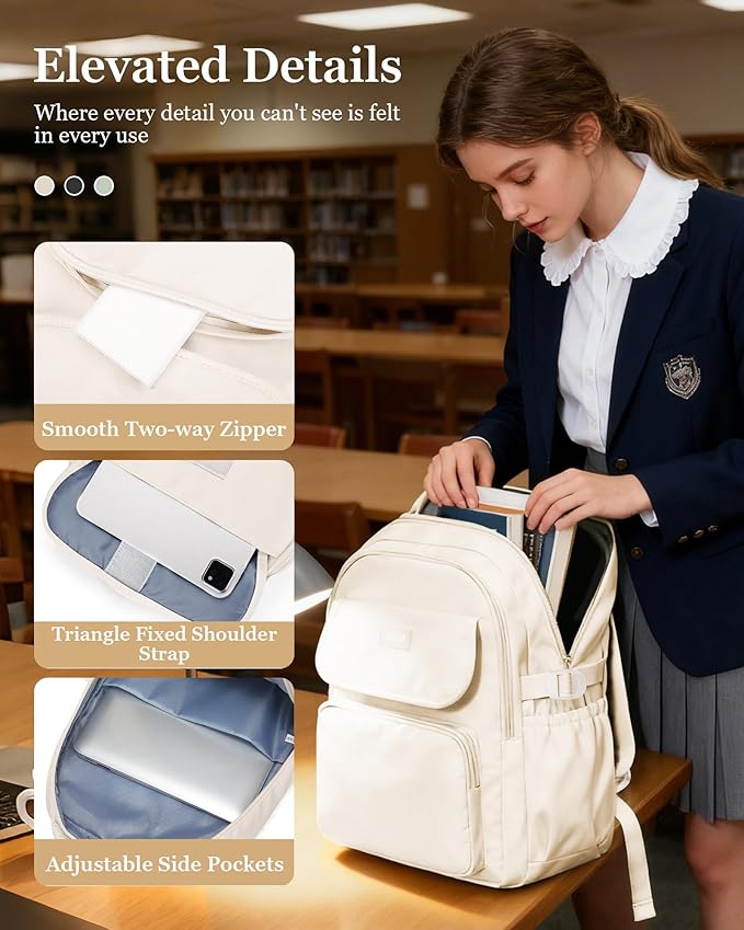 Cute Middle School Backpack For Teen Girls,Waterproof Casual Bookbags,Lightweight Travel Daypack,Basic Laptop College Backpack For Women(White)