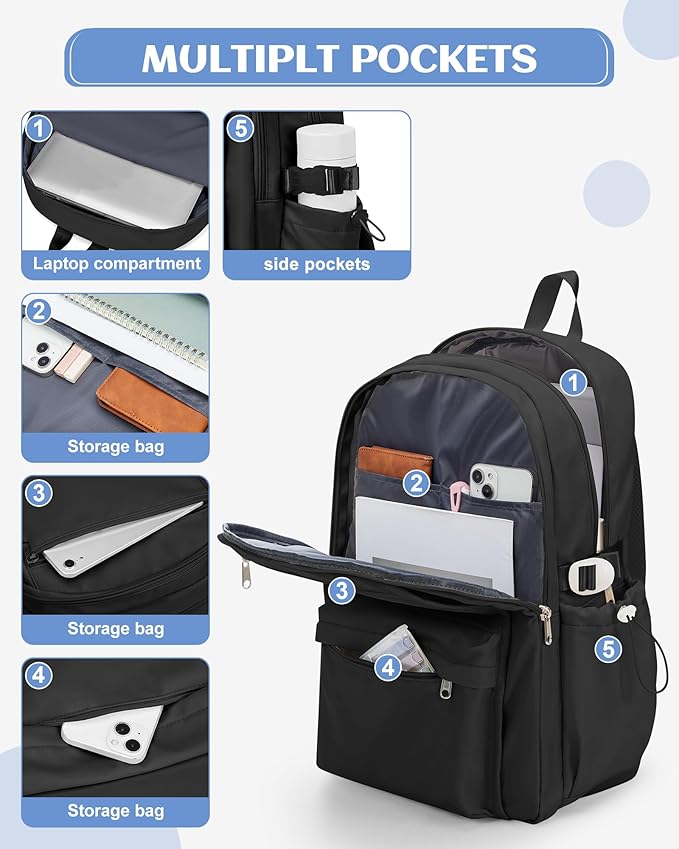 Black School Backpack for Teen Girls Lightweight College Backpack Women Travel Backpacks Waterproof High School Bookbag for Men Classic Casual Daypacks