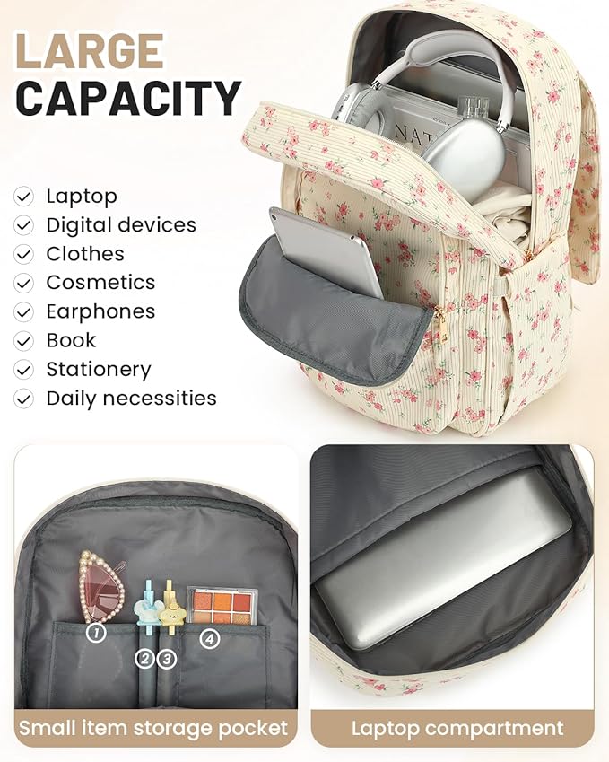 Corduroy Laptop Backpack for Women, Fits 15.6 Inch Computer Bag, College High School Bookbag Travel Daypack Purse, Work Business Bags - Beige Corduroy Floral Pink