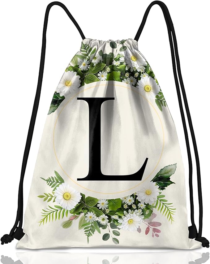 Initial Letter Drawstring Backpack String Sports Gym Bags Waterproof Sackpack Cute for Men Women Beach (13"×17") (Letter-L)
