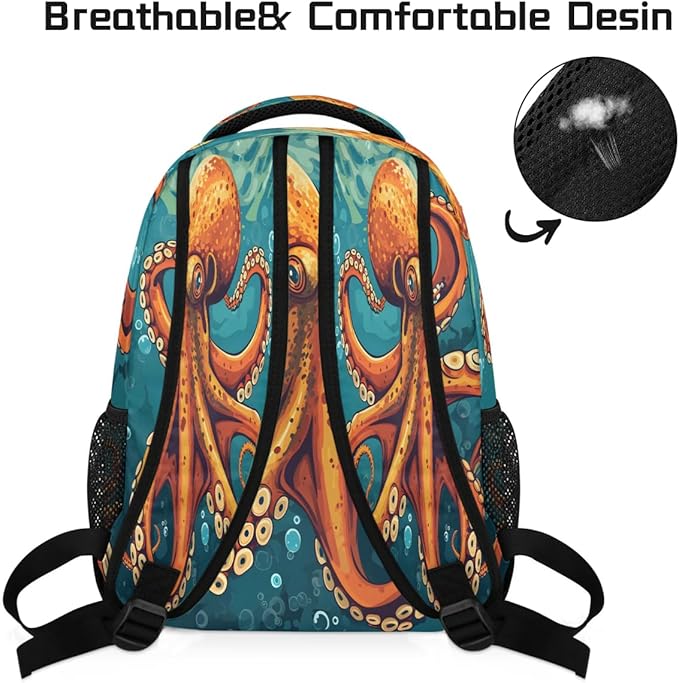 Pardick Retro Octopus Backpack for Kids Girls Boys Lightweight School College Students 18in Bookbag Large Capacity Computer Backpacks Laptop Rucksack Travel Gym Hiking Camping Daypack