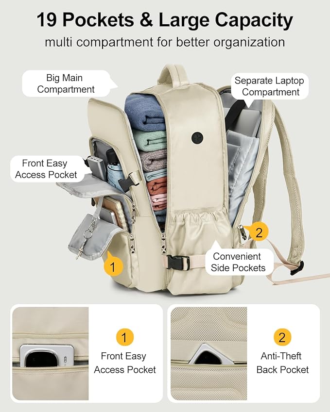 Travel Backpack for Women & Men, Large Carry On Personal Item Bag Airline Approved, Waterproof Traveling Overnight Bags, Gifts Laptop Backpack for Travelers College-Students Commuters (Beige)