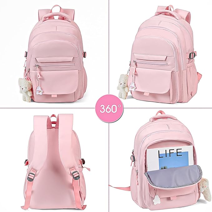 Girls Backpack for College High Middle School Student, Cute Aesthetic Bookbag for Teens Women with Accessories,Pink