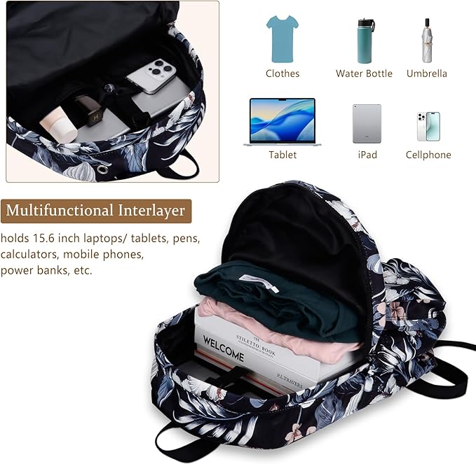 Women's Water-resistant Daypack Backpack, 15.6 Inch Laptop Compartment & Anti-Theft Pocket, Adjustable Padded Straps for Commuting, Travel, Work, College, Hawaii Flower