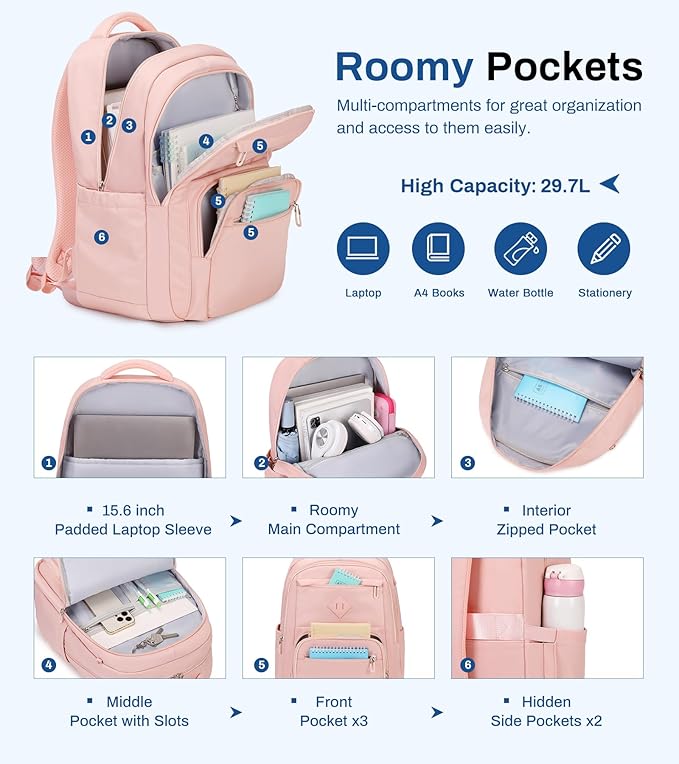 School Backpack for Girls, Lightweight Kids Bookbag Classic College Backpack for Teen Women with Luggage Strap, Age 8-18 Years Old, Pink