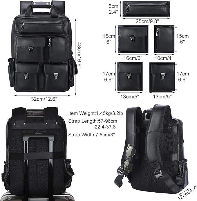 Masa Kawa Black Leather Backpack for Men 15.6 Inch Laptop Bag Multi Pockets Casual Work Business Travel Daypack