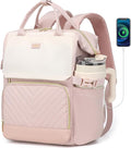 Computer Backpack for Women, Work Bag Laptop Bookbag with Cup Holder & USB Charger for Teacher Nurse College Travel Back Pack, Gifts, Beige Pink