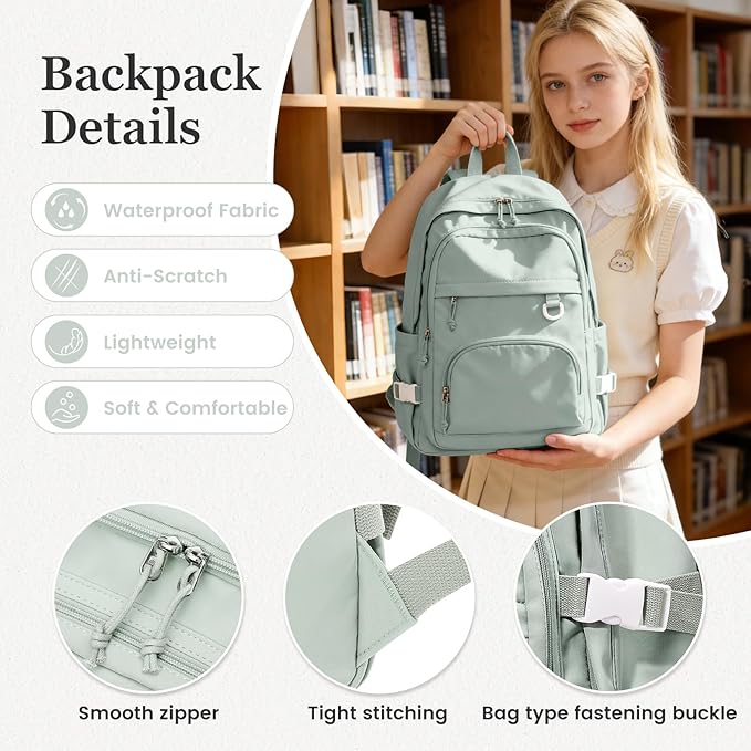 Lightweight College Backpack for Women Men Cute School Bag for Teens Girls Boys High School Backpack for Students Waterproof Casual Daypack Backpack（Green）